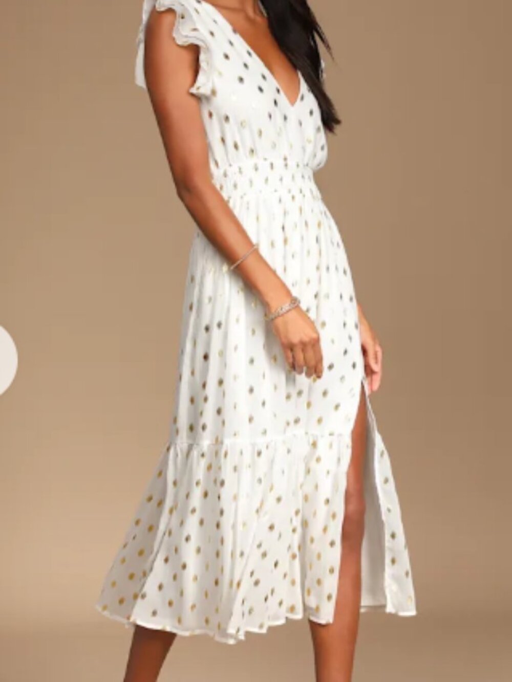 Lulus Cause To Celebrate White And Gold Dot Ruffled Tiered Midi Dress - Size XL - Picture 4 of 4